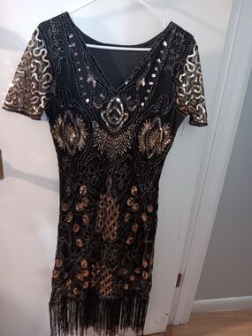 Black and Gold Embellished Fringe Women’s Dress